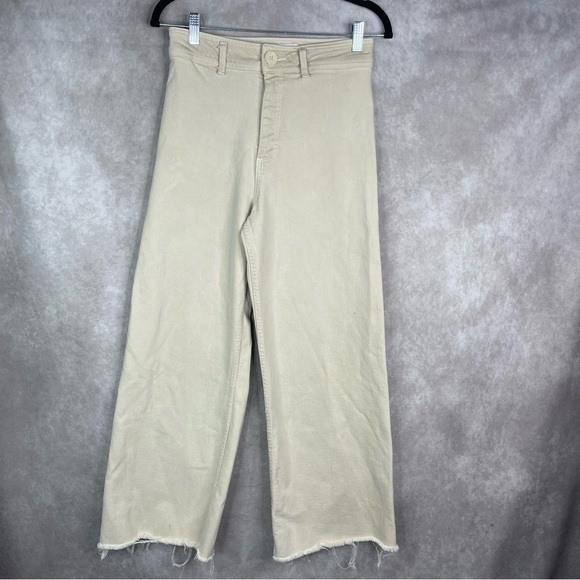 Zara The Marine Straight High Waist Raw Hem Wide Leg Jeans In Ivory Size 6 - Picture 1 of 7